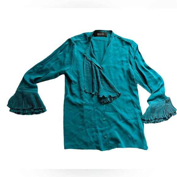 NWT Gucci silk mock neck ruffle sleeve blouse sz M/L IT 44 pleated button up - Picture 6 of 12
